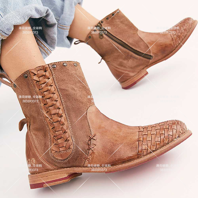  Bed Stu woven rivet for old cow leather low heel round head side laced with western wind casual female short boot