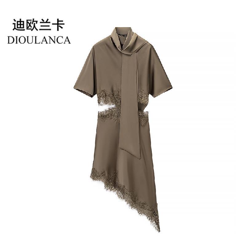 Dioulanca European and American Style Export Women's Clothing New Asymmetrical Lace Splicing Short-Sleeved Scarf Collar Elegant Short Skirt Dioulanca European and American Style Export Women's Clothing New Asymmetrical Lace Splicing Short-Sleeved Scarf Collar Elegant Short Skirt