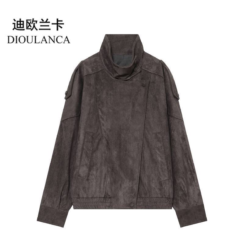 Dioulanca European and American Style Export Women's New Fashion Button-Decorated Suede Texture Leather Biker Jacket