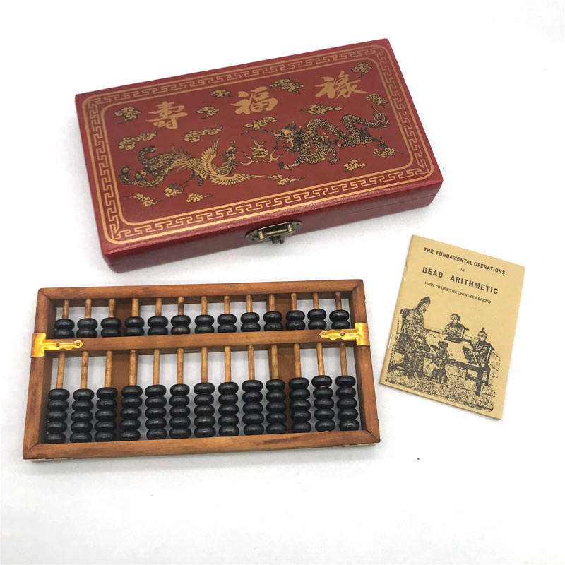 Antique 13-speed abacus with dragon and phoenix pattern wooden box Retro gift nostalgic abacus leather box classic foreign affairs gift