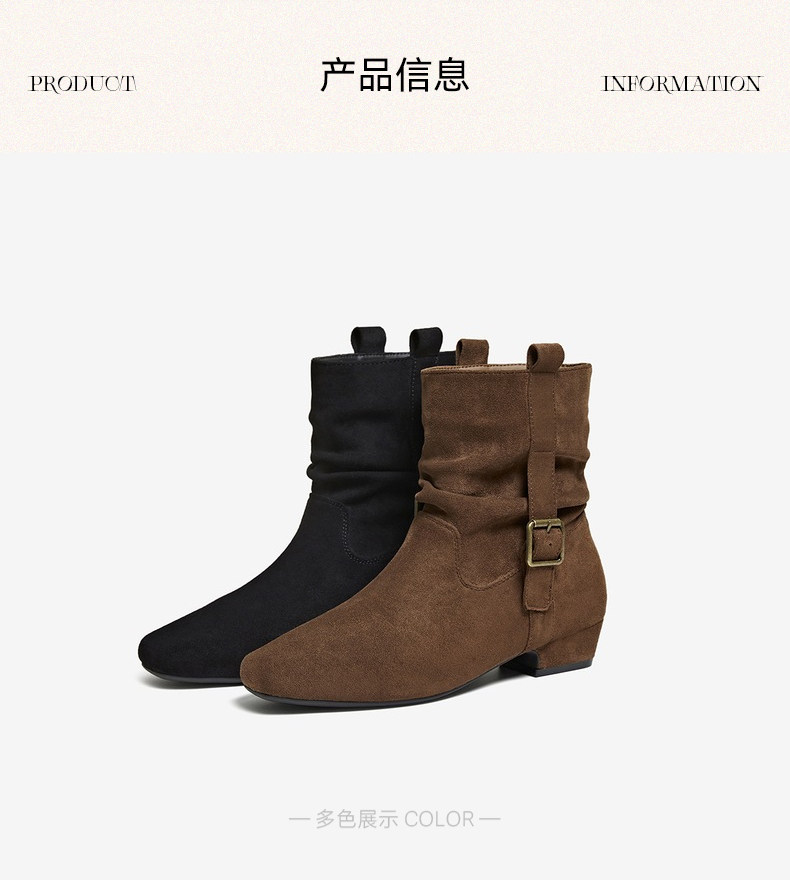 Западные Boots 百思图2025冬季新款时尚复古西部靴方头粗跟女堆堆短靴w0882dz5 BASTO