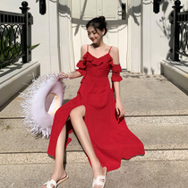 Summer new suspenders solid color ruffled strapless single-breasted Hepburn medium-length dress suspenders skirt