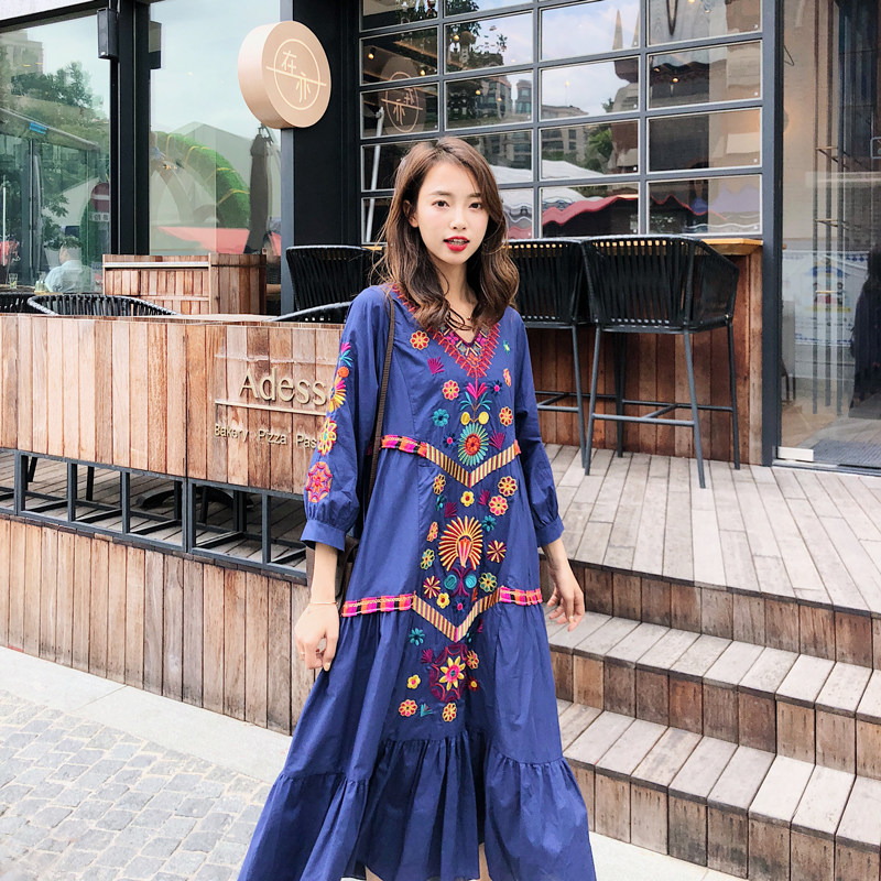 National Wind Ocean Dress Tibet Travel Tea Card Salt Lake Qinghai Lake Tourism skirt Lijiang Dali photo Long dress