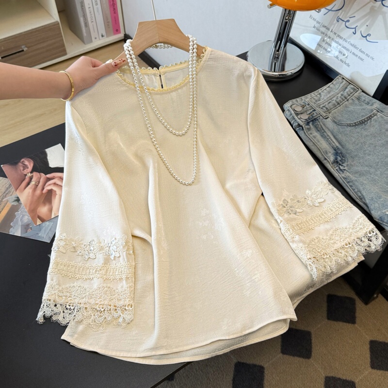 National Style Silk Blouse for Women, Heavy Jacquard Embroidery, Spring and Summer Thin High-End Lace-Trimmed Three-Quarter Sleeve Shirt