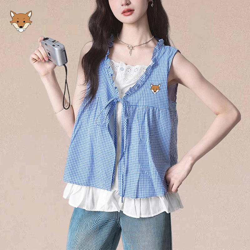 British April Fox Little Fox French-Style Faux Two-Piece Lace Plaid Sleeveless Shirt for Women, Summer Casual Top