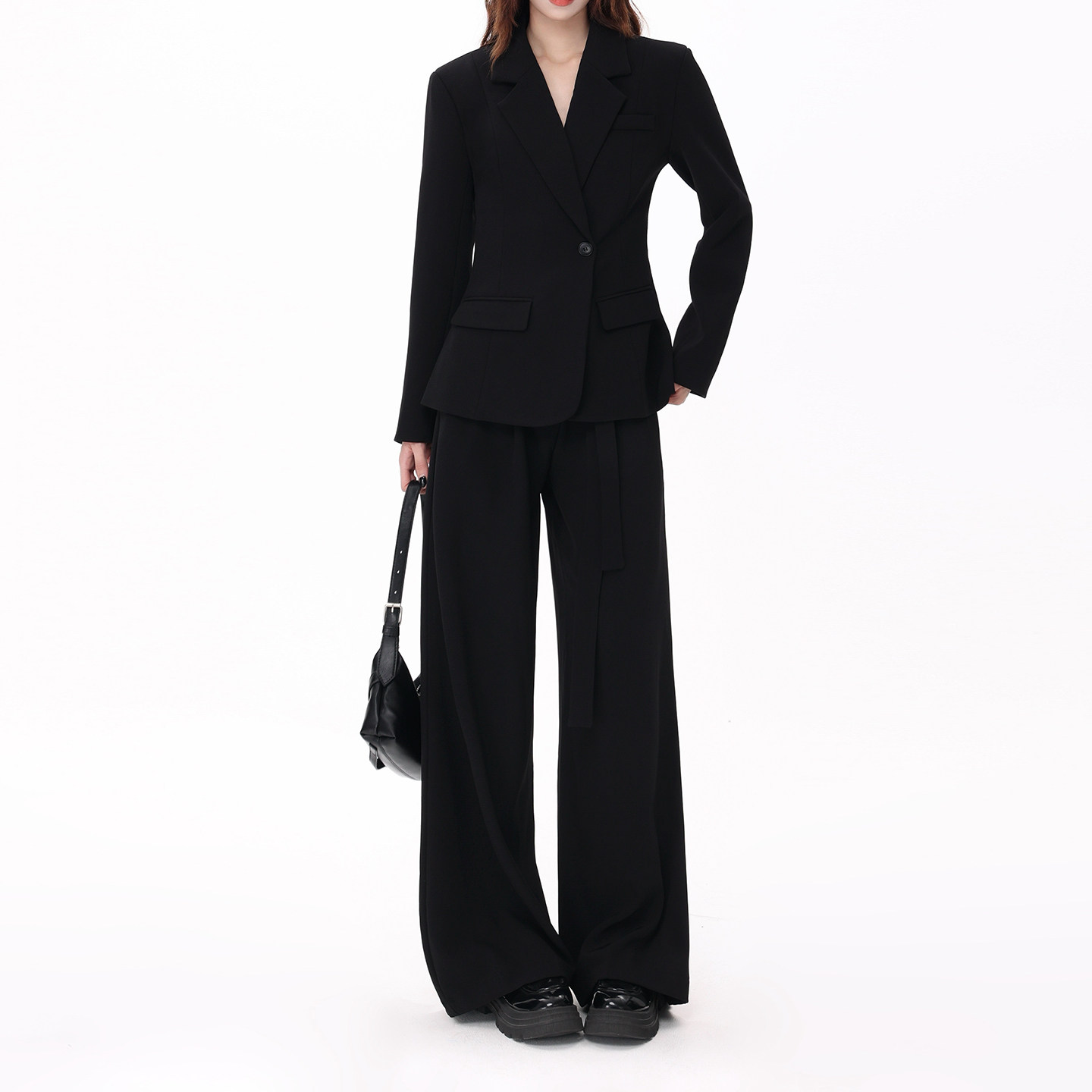 Черный костюм женский 2025 осенний пригородный стиль, приталенный пиджак с высокой талией, узкие широкие брюки, костюм-двойка