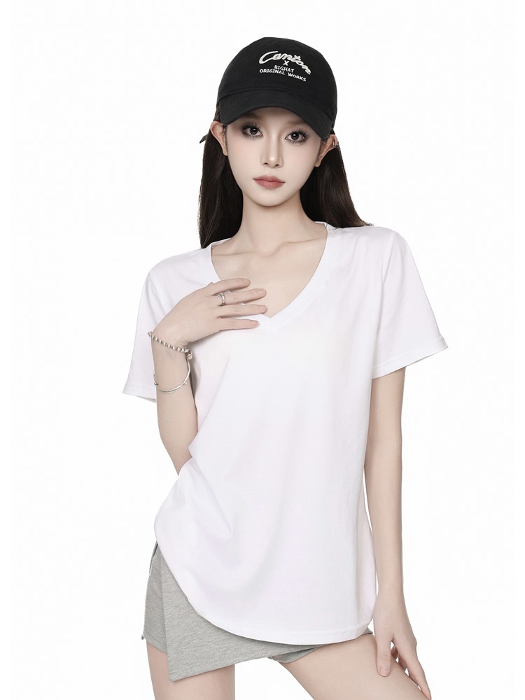 白色慵懒风V领正肩短袖t恤女2025夏季宽松内搭修身显瘦辣妹上衣