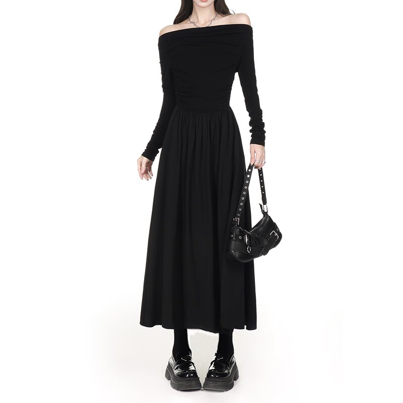 一字肩辣妹风黑色连衣裙女2025春小个子简约时尚高腰显瘦中长款裙