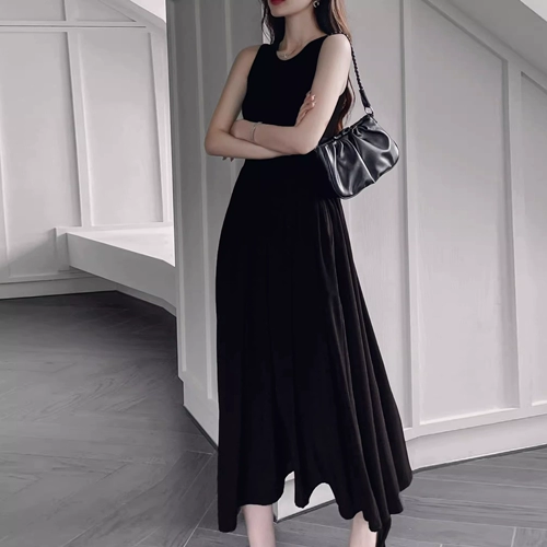 Весенний черный жилет, приталенная длинная юбка, корсет, платье с рукавами без рукавов, в корейском стиле, изысканный стиль, А-силуэт