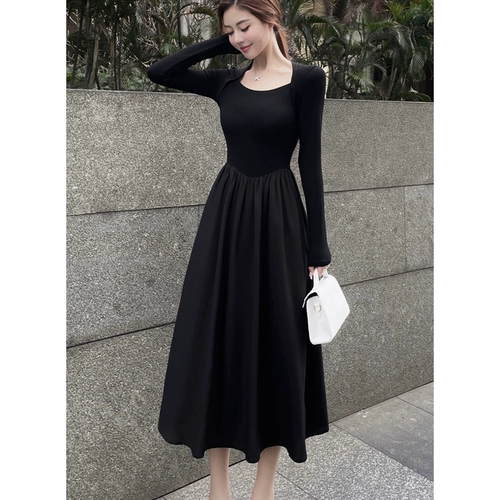 Черный летний лонгслив, платье, приталенный корсет, длинная юбка, квадратный вырез, французский стиль, средней длины