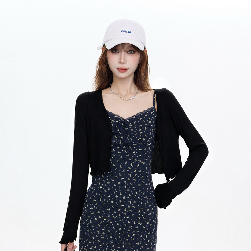 Korean Style Black Cardigan for Women 2026 Early Autumn New Casual Ruffled Sleeveless Blouse Outerwear Long-Sleeved Top Korean Style Black Cardigan for Women 2026 Early Autumn New Casual Ruffled Sleeveless Blouse Outerwear Long-Sleeved Top