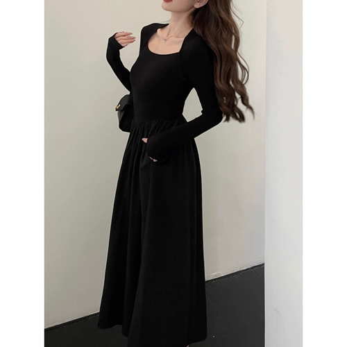 Черный летний лонгслив, платье, приталенный корсет, длинная юбка, квадратный вырез, французский стиль, средней длины