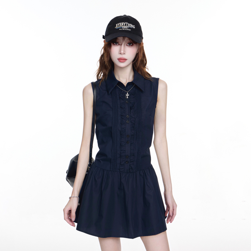 Navy Blue Lapel Sleeveless Dress 2026 Summer New Design Sexy Style Loose Slimming A-Line Short Skirt Navy Blue Lapel Sleeveless Dress 2026 Summer New Design Sexy Style Loose Slimming A-Line Short Skirt