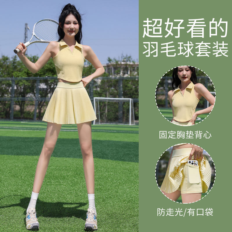 Badminton Sports Suit for Women, Summer Quick-Drying Tennis Skirt, Polo Shirt, Half Skirt, Yoga Vest, Fitness Clothes