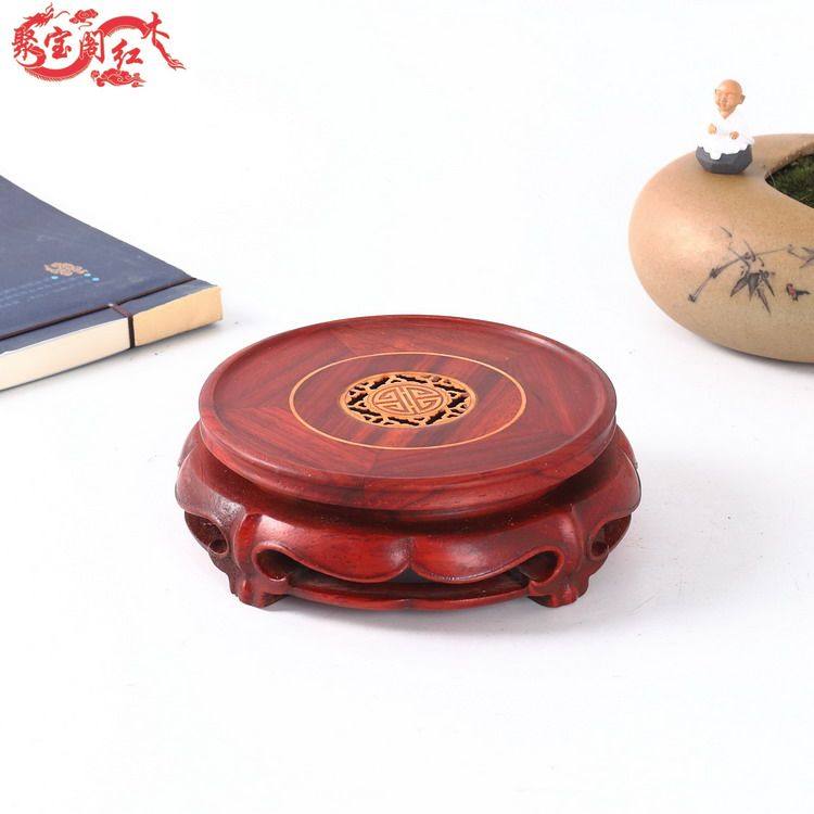Red Flowers Pear Wood Carvings Rotating Solid Wood Round Chishi Base Bonsai Vases Buddhist Statues of Cairou Crafts Hawks