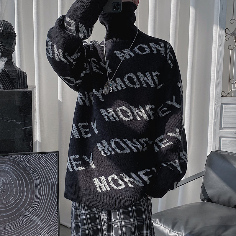 Port Wind Letter Printed Teenager High Collar Sweater Male Trend Jacket Head Autumn Winter Paragraph Outside Wearing Handsome Air-Knitted Sweatshirt Black