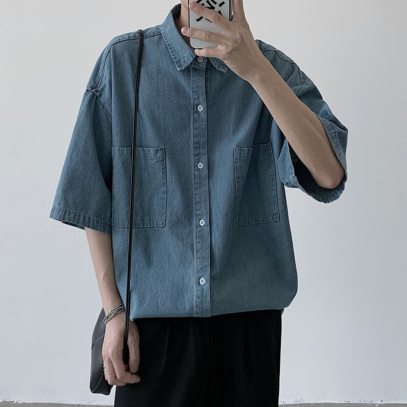 Korean version retro washed with short sleeve denim shirt ins summer new trend men loose casual shirt inch-shirt