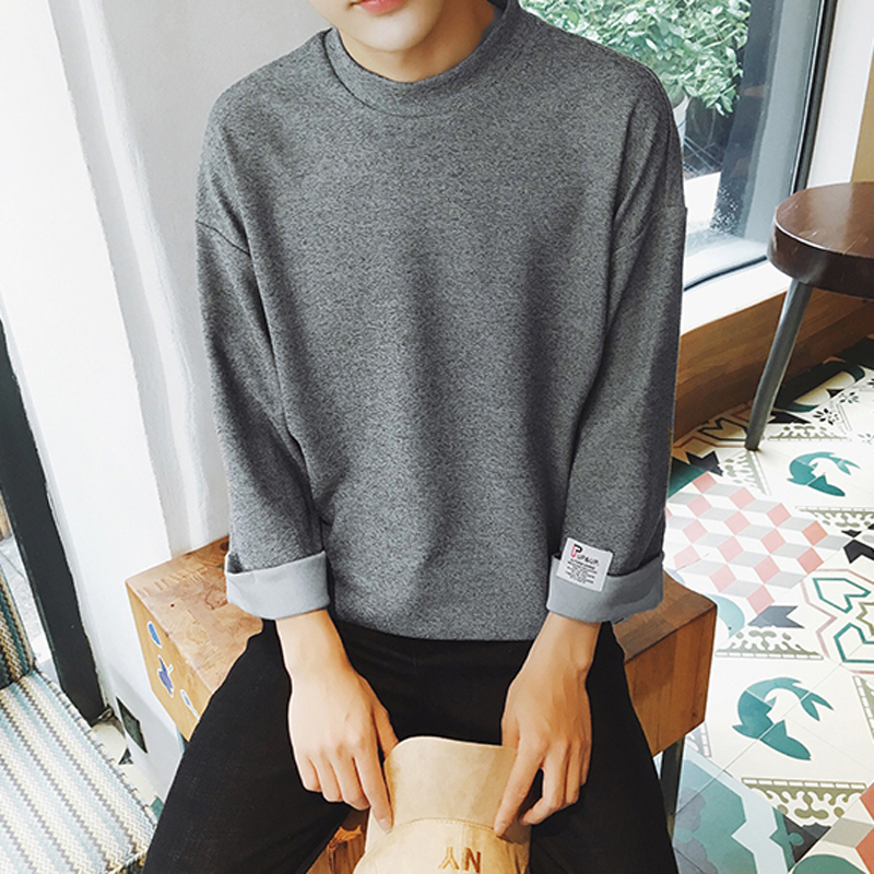 日系复古男士秋季宽松长袖T恤青少年圆领体恤打底衫2017韩版潮流
