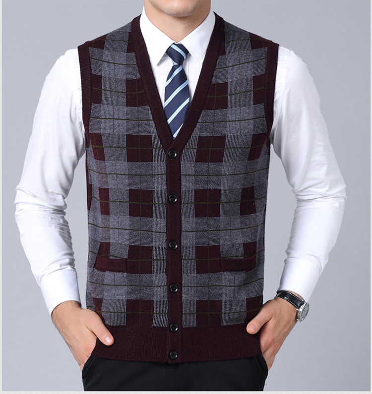 Thu đông nam thương hiệu V-cổ nam trung niên kẻ sọc len vest vest áo len dày vest áo vest nam thời trang