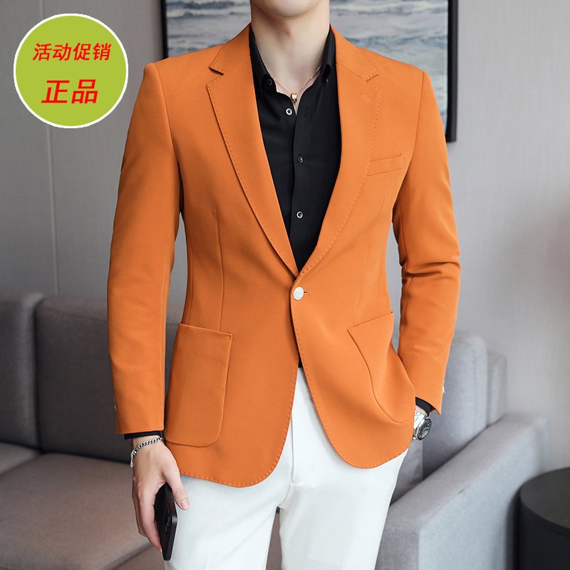No-Iron Suit Jacket for Men, Korean Style, Orange, Studio Men's Clothing, High-End, Youth, Large Size, Small Suit, Professional Attire, Outerwear