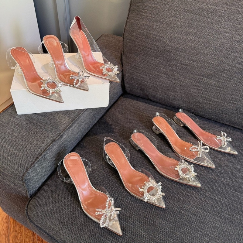 Amina Muaddi New Transparent Sunflower Rhinestone High Heels Wine Glass Heel Sexy Bow Pointed Toe Sandals