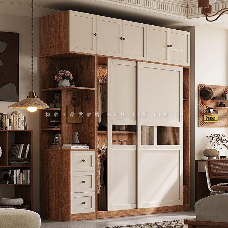 Medieval Style Sliding Door Wardrobe Home Bedroom Small Apartment Scandinavian Sliding Door Finished Combination Wardrobe Storage Cabinet