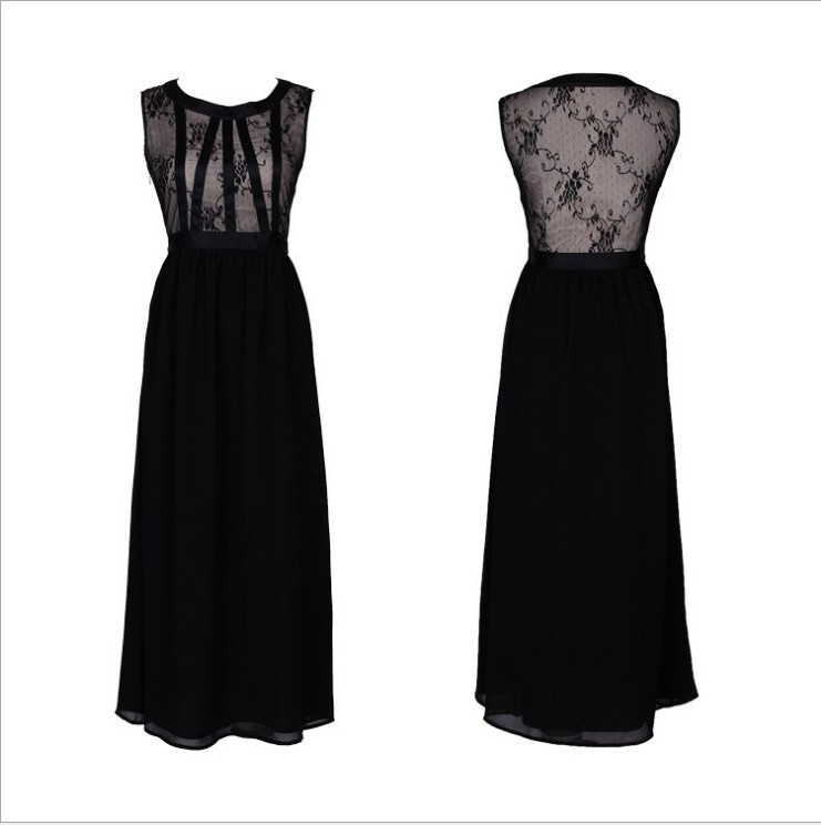 Yang Mi Celebrity Style Korean Trendy Lace Chiffon Long Dress Slim Waist Black Dress Women's Summer Little Black Dress