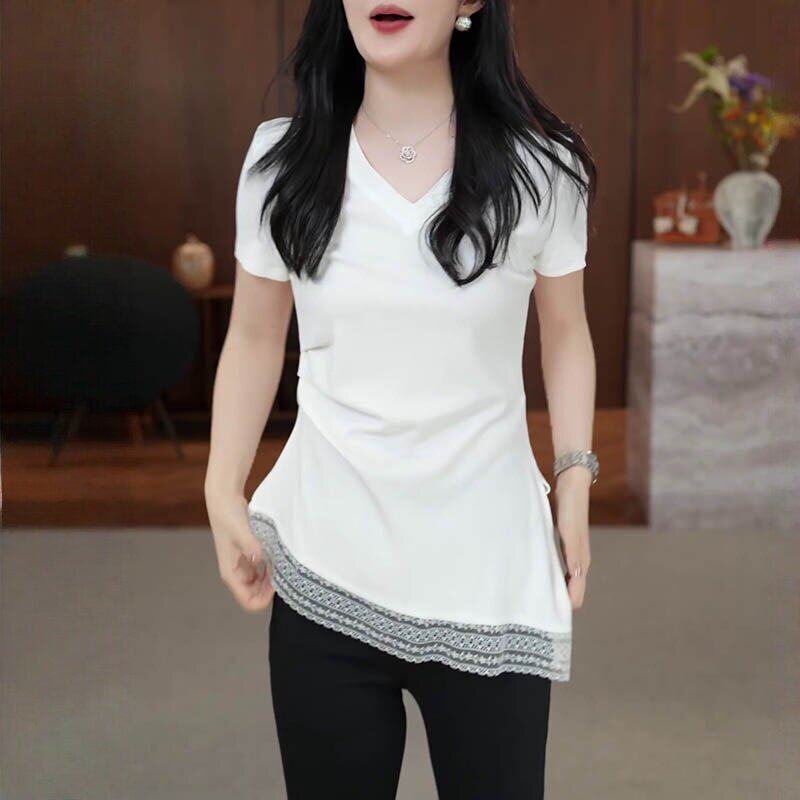 2026夏季新款时尚洋气不规则下摆V领上衣女设计感蕾丝拼接短袖T恤