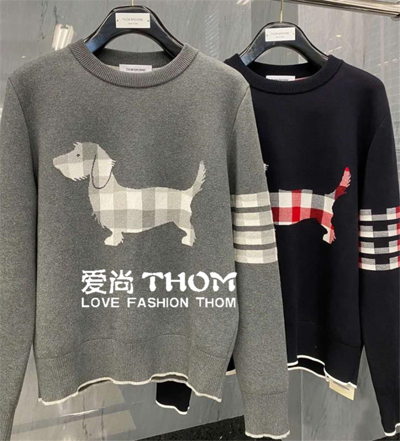 Thom bins Sweater TB New Crewneck Turtleneck Plaid Jacquard Puppy Sweater for Men and Women