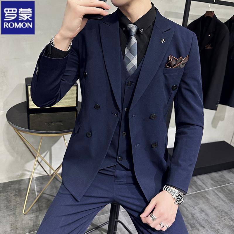 Romon Suit Men's Formal Wedding Double-Breasted Casual Solid Color Suit Professional Work Jacket British Style