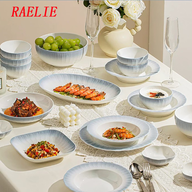 Raelie Bowl and Plate Set, Household Light Luxury High-Value Tableware Set, Simple Ceramic Bowls and Plates, Chopsticks, Housewarming Gift