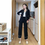 Hồng Kông phong cách retro đen trắng sọc màu đỏ tình yêu áo len cardigan + cạp cao rộng ống rộng chân quần dệt kim phù hợp với nữ