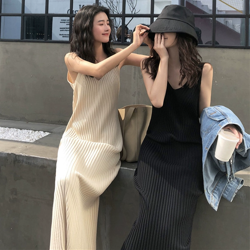 Mùa thu năm 2021 phiên bản mới của Hàn Quốc của chiếc váy dệt kim màu đỏ lưới giản dị sling váy dài trung niên váy cơ sở xu hướng của phụ nữ - váy đầm