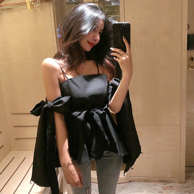 Spring and summer one word neck halter with off-the-shoulder sweet bow tie tie waist slim slim skirt hem fairy top tide