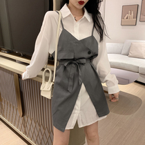 Simple Joker Long Shirt Womens Irregular Lace V-collar Skirt Two Piece Fashion Set Womens Tide