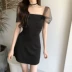 2018 mùa hè mới sexy từ cổ áo lưới ống tay áo đầu váy eo mỏng váy một từ váy phụ nữ đầm xòe dài A-Line Váy