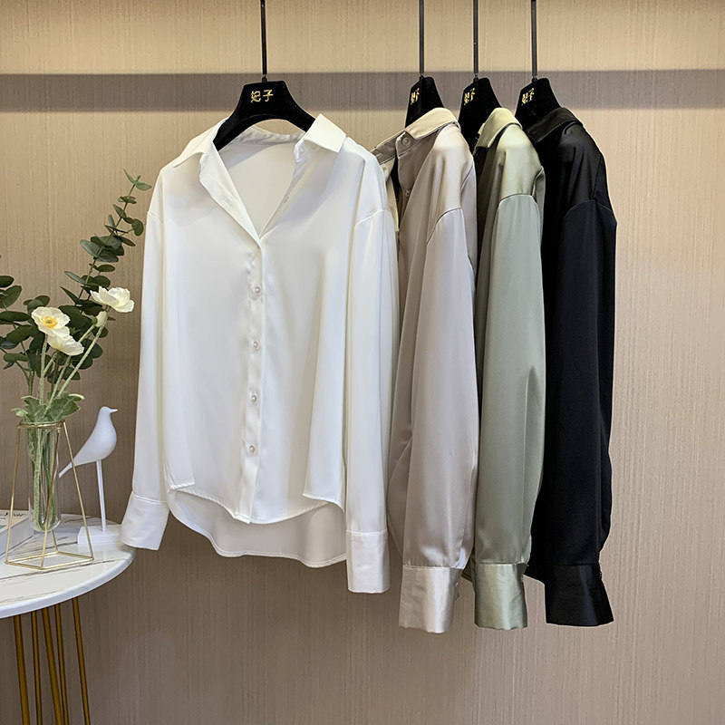 FEIZI satin shirt women's autumn 2022 new design all-match slim temperament long-sleeved Hong Kong style top