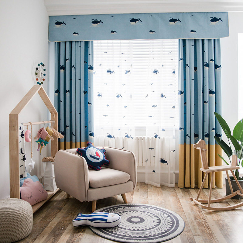 Children's room curtains cartoon Shefani half-shaded embroidery curtains with yarn splicing fashion whale cartoon patterns