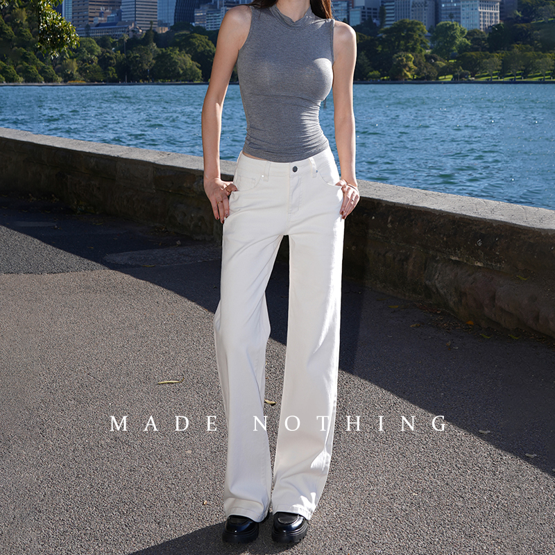 Made Nothing Mr050 Mid-Low Waist Off-White Straight Stretch Slim Straight-Leg Jeans for Women