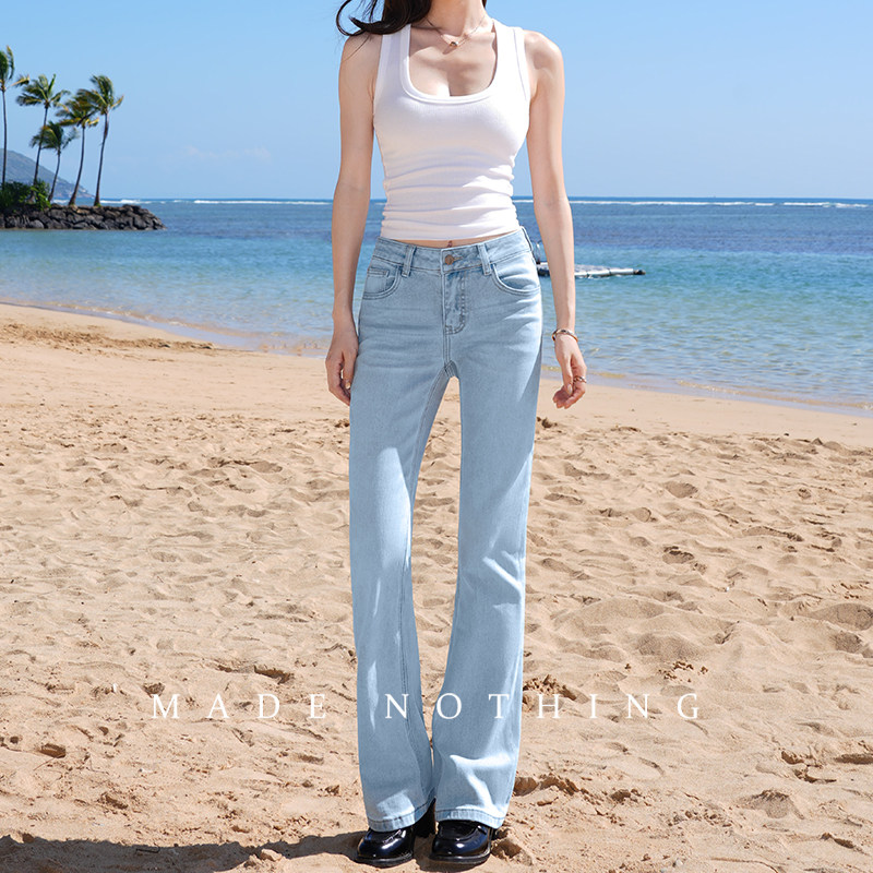 MADE NOTHING MR107 アイスブルー ハイストレッチ クラシック スリム ミッドウエスト フレアジーンズ（レディース）