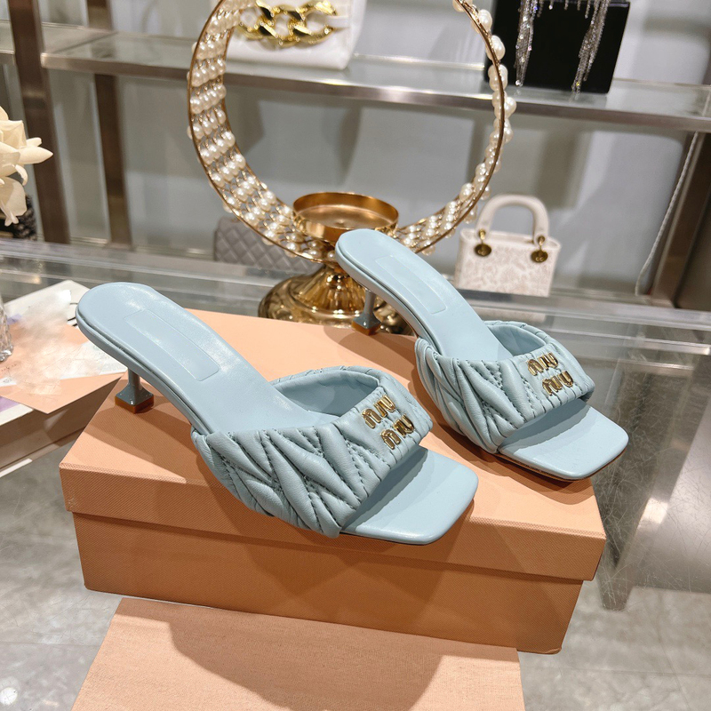 M~ Letter Genuine Leather Pleated Square-Toe Mules with 5.5cm Stiletto Heels for Women, New Summer Style, Elegant Open-Toe Slippers