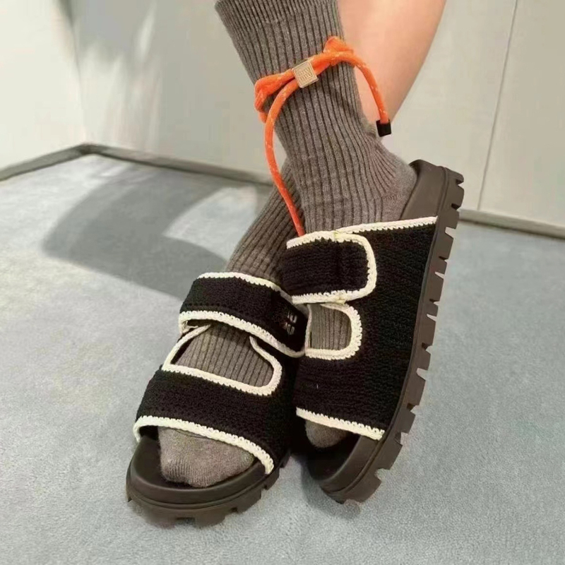 Color-Blocked Woven Velcro Slippers for Women, Summer Outerwear, New Thick-Soled Non-Slip Genuine Leather Sandals for Women