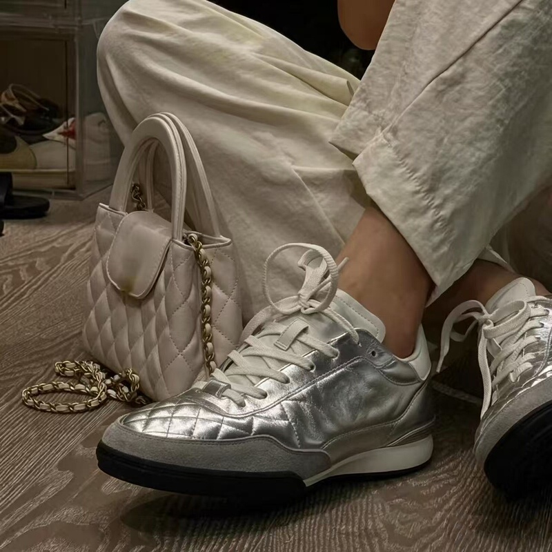 Genuine Leather Diamond-Patterned Color-Blocked Panda Shoes for Women, New Casual Lace-Up Sneakers, Celebrity-Inspired Running Shoes, Trendy