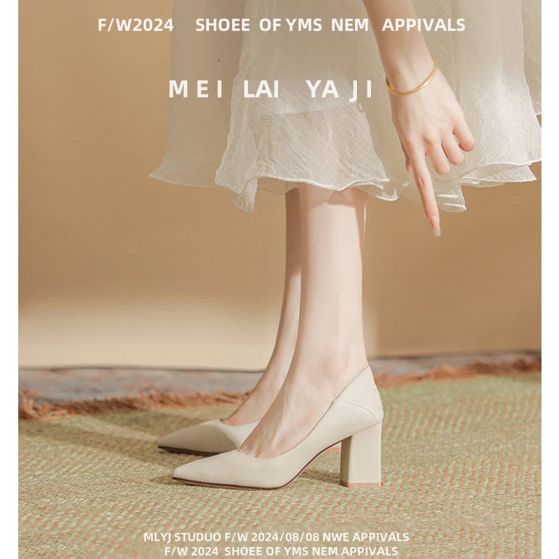 女性のためのフレンチヌードハイヒール2025新しいスタイルの気質ソフトレザー5センチ疲れない厚いヒール浅い口シングルシューズ女性用