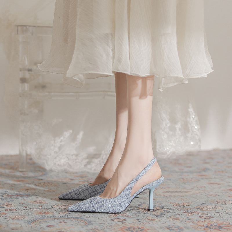 Xiaohongshu's Hot Item~ High-End Chanel-Style Sea Salt Blue Pointed-Toe High-Heeled Sandals for Women, Backless Half-Toe Shoes