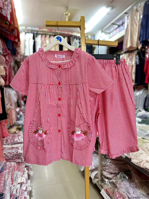 Aibefen Red Plaid Plus-Size Thin Front-Button Short-Sleeve Shorts Set Pure Cotton and Linen Pajamas Loungewear Maternity Wear for Women Summer