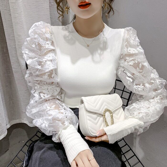 Round Collar Bubble Cuff Lace Knit T-shirt Woman 2020 New Early Autumn Han Version Foreign Pie slim jacket Long sleeves