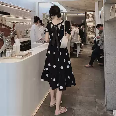 Black chiffon polo dress women 2020 Summer new square collar waist knee skirt bow halter long skirt