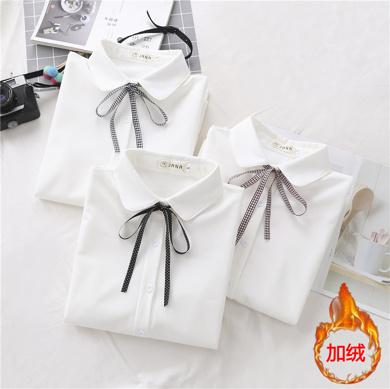 Doll collar plus velvet thick bow white shirt women's 2021 autumn and winter models with age-reducing long-sleeved bottoming tops