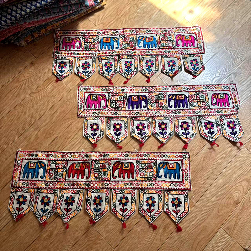 Exotic Indian Embroidered Elephant Door Curtain with Sequins, Horizontal Hanging Curtain Fabric for Yoga and Home Decoration